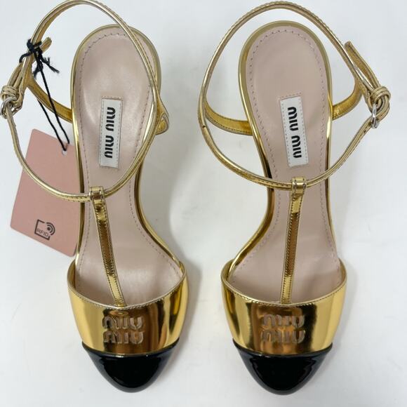 NEW NIB Miu Miu Leather Cap Toe T Strap Heel Metallic Gold Black Logo size 36.5 - Picture 4 of 10